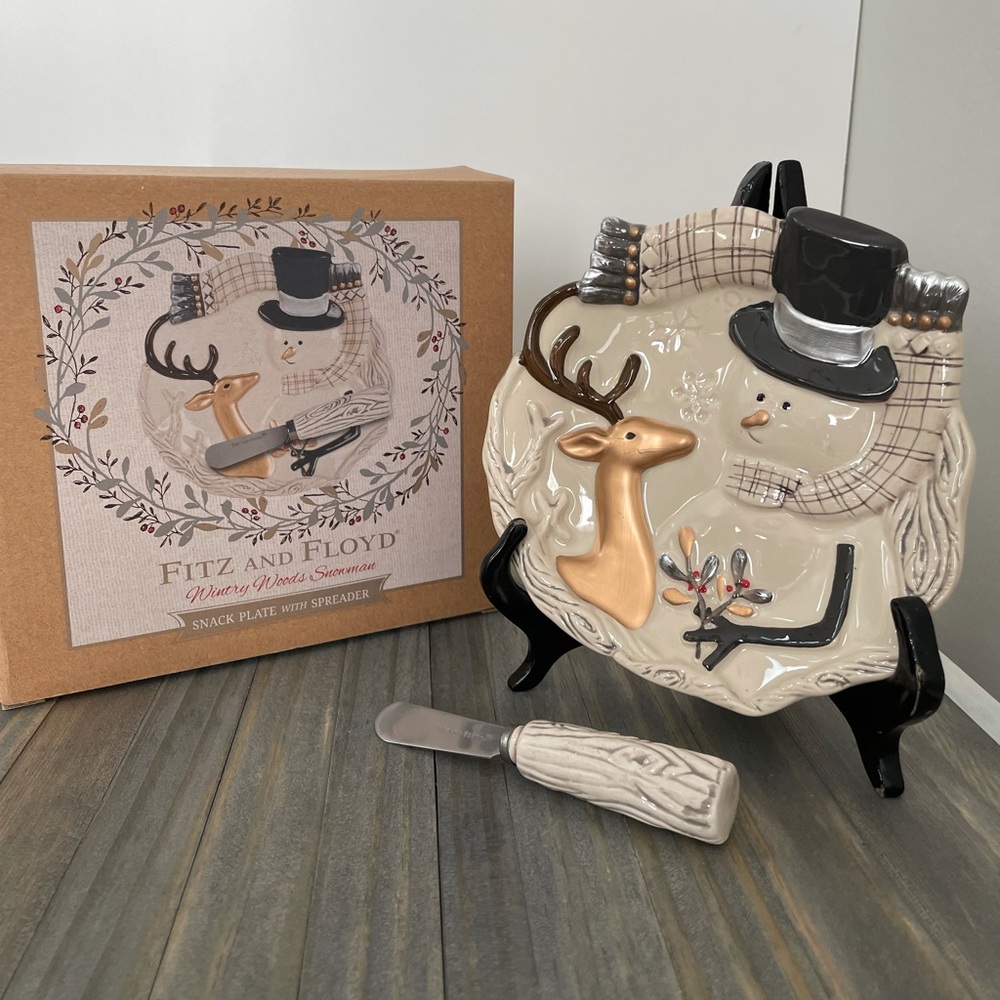 FITZ AND FLOYD Wintry Woods Snowman Snack Plate with Spreader Buck Deer
